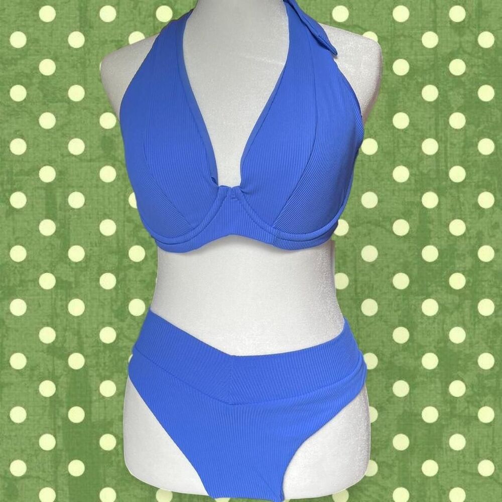 NWT Bright Blue Ribbed Underwire Bikini Set Size Small New Royal Blue